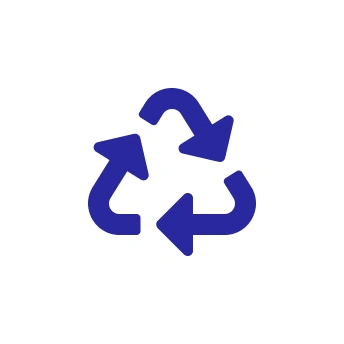 A blue recycling symbol with three arrows forming a triangle on a white circular background, reminiscent of the precision and form one aims for when using full squat exercise equipment.